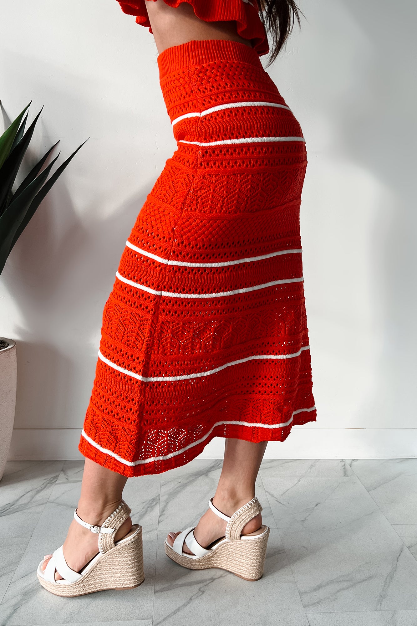 Playful & Pretty Open Knit Sweater Midi Skirt (Red Orange) - NanaMacs