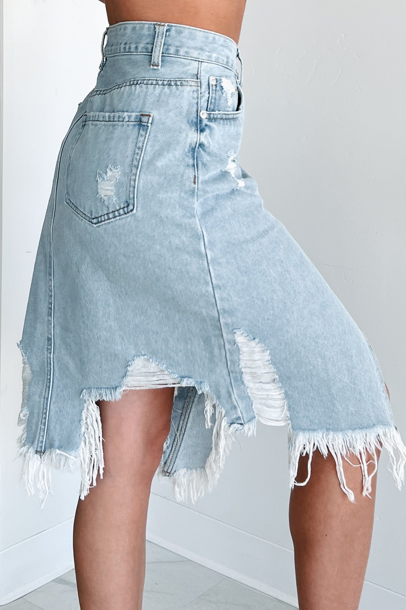 Fierce By Birth Distressed Denim Skirt (Medium Denim)