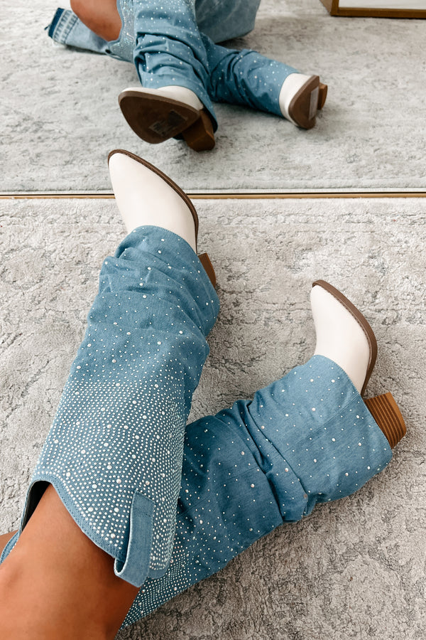 Sassy Statement Rhinestone Denim Boots (Blue Denim) - NanaMacs