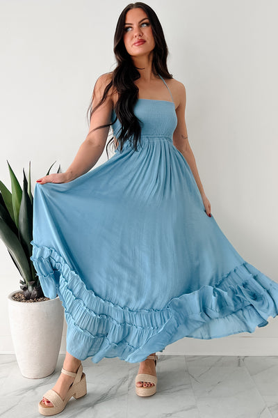 Taking The Scenic Route Halter Smocked Maxi Dress (Blue)