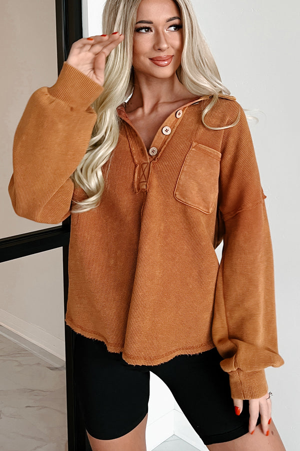 Forever Daydreaming Mineral Wash Collared Henley Top (Rust) - NanaMacs