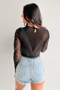 Flashy But Fun Mesh Rhinestone Fringe Top (Black) - NanaMacs