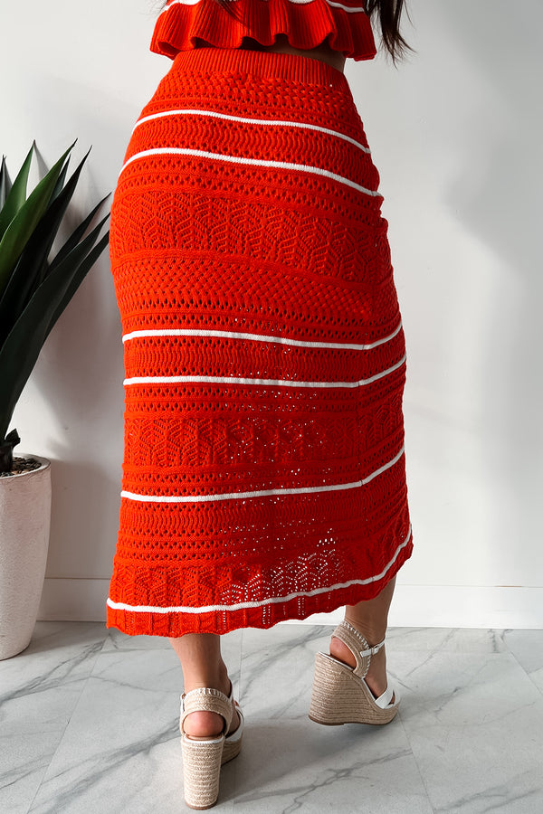 Playful & Pretty Open Knit Sweater Midi Skirt (Red Orange) - NanaMacs