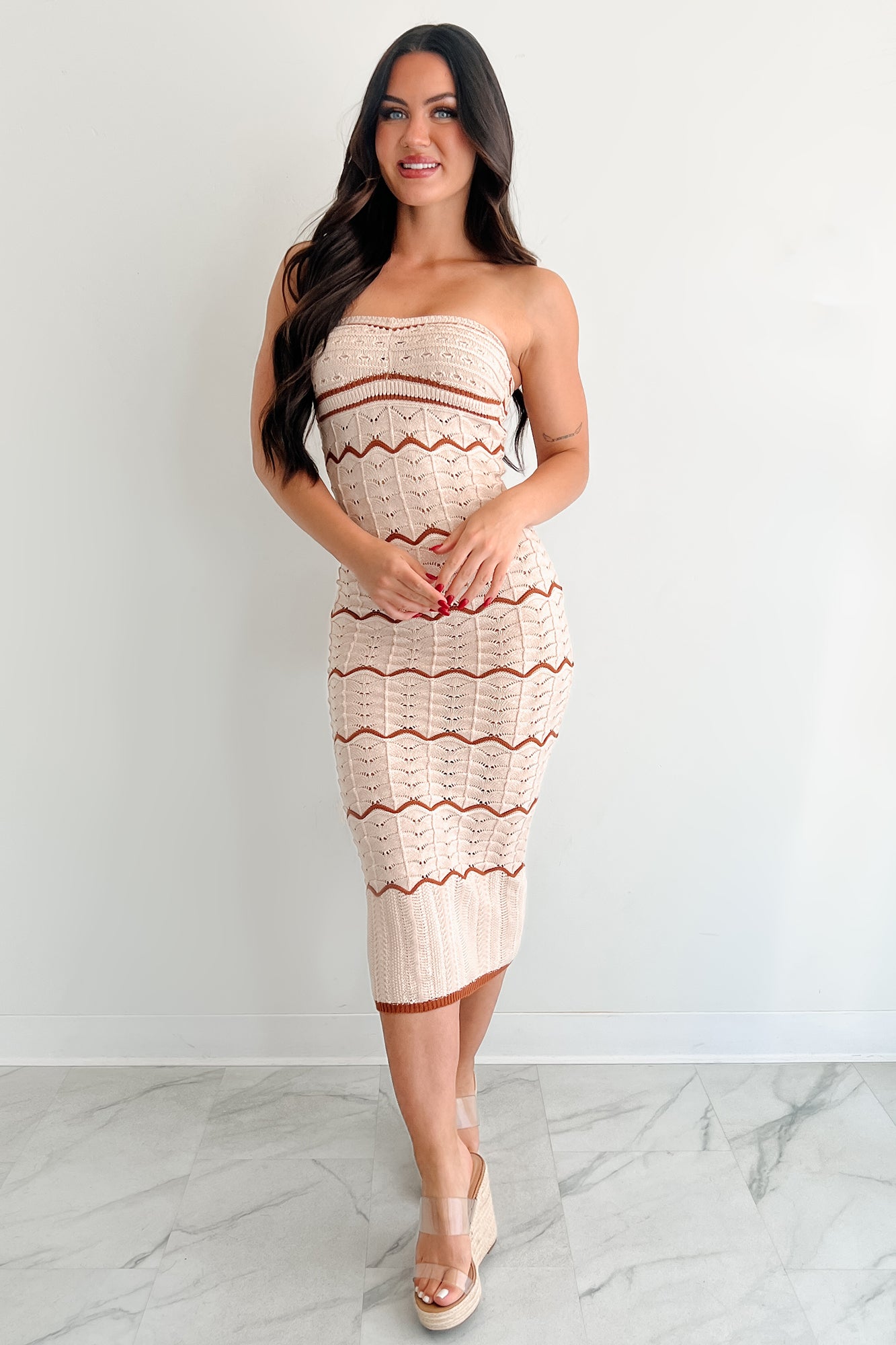 Women's Glammed Up Crochet Knit Midi Dress in Taupe/Brown
