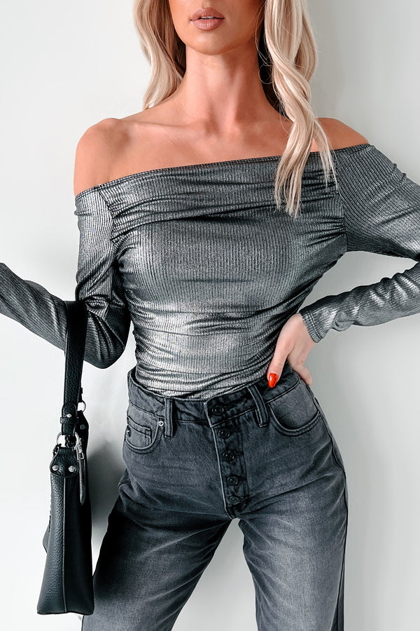 Midnight Magnetism Off The Shoulder Metallic Bodysuit (Galaxy Black) - NanaMacs