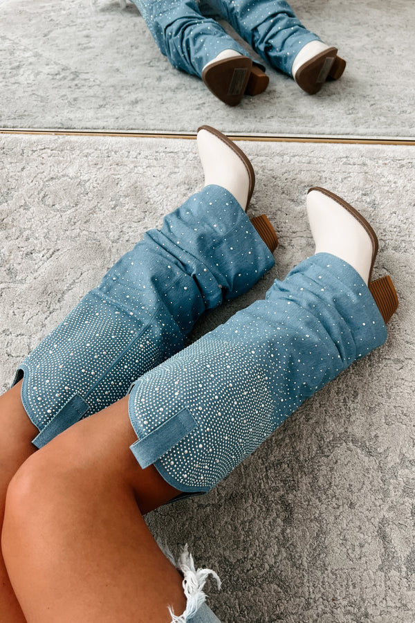 Sassy Statement Rhinestone Denim Boots (Blue Denim) - NanaMacs