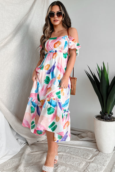 Sweet Adoration Printed Midi Dress (White Multi) - NanaMacs