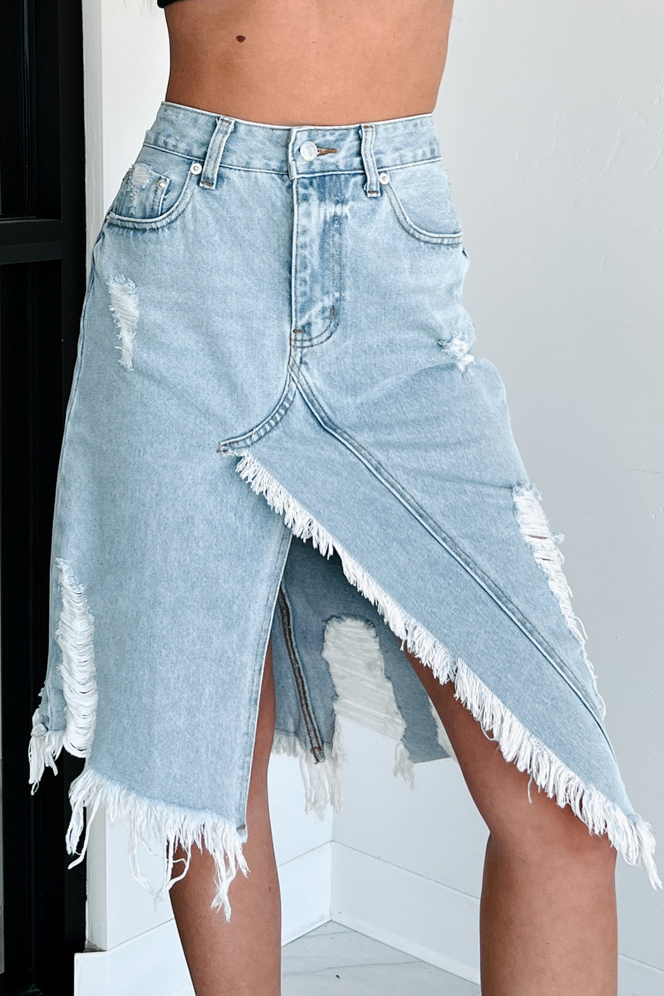 Fierce By Birth Distressed Denim Skirt (Medium Denim)