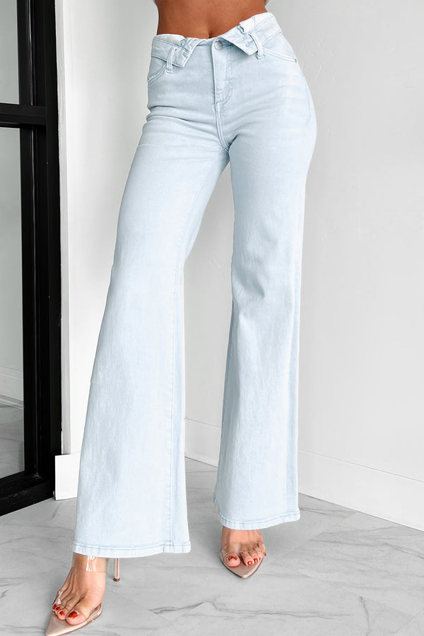 Otto Mid-Rise Folded Waist Risen Wide Leg Jeans (Ice Blue) - NanaMacs