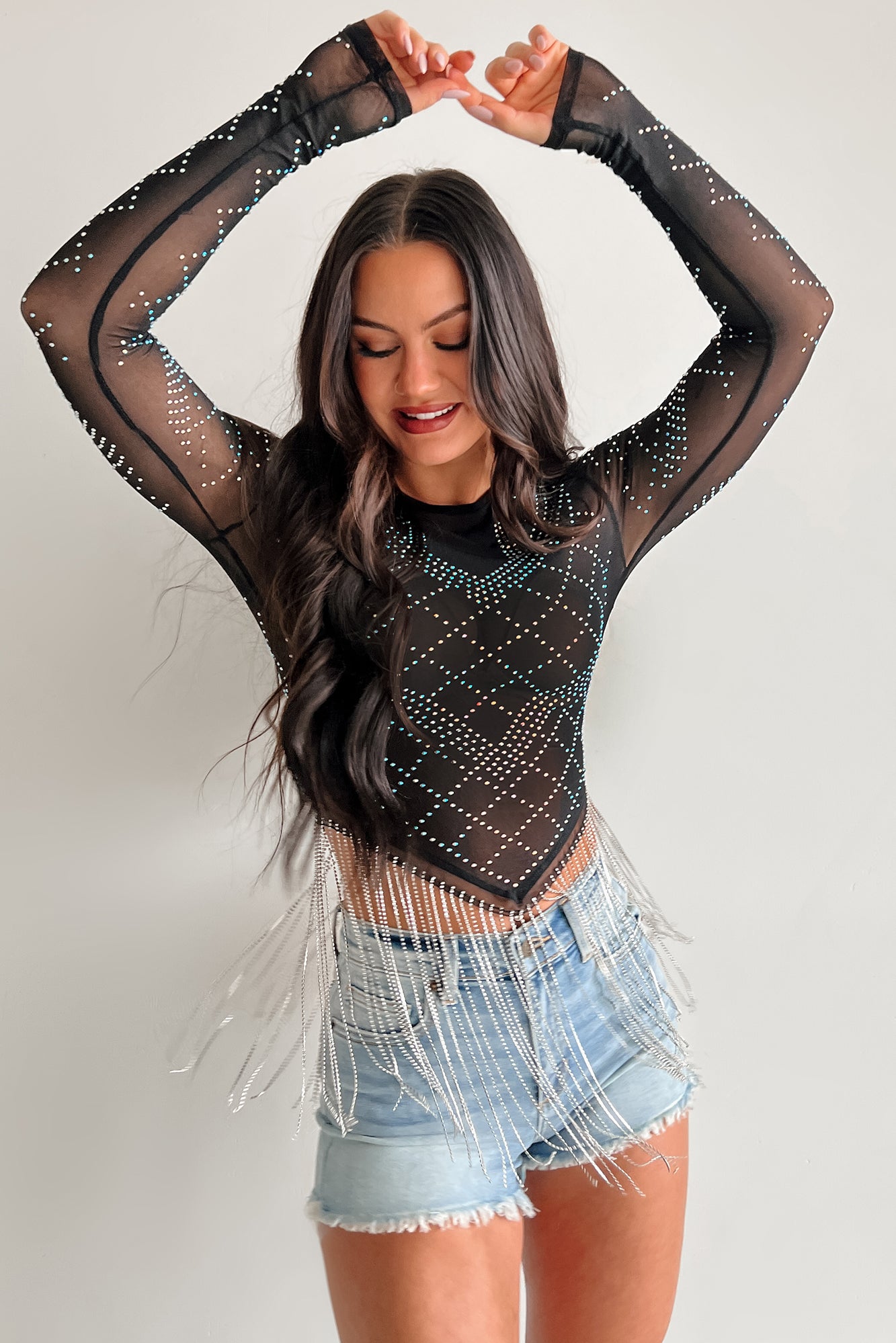 Flashy But Fun Mesh Rhinestone Fringe Top (Black) · NanaMacs