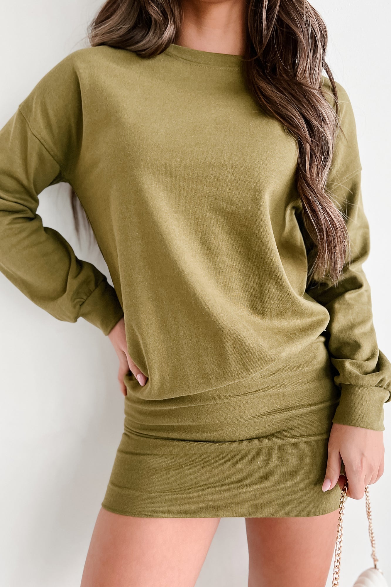 Touring The City Partially Fitted Sweatshirt Mini Dress (Moss) - NanaMacs