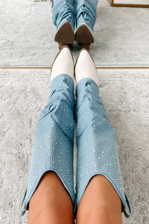 Sassy Statement Rhinestone Denim Boots (Blue Denim) - NanaMacs