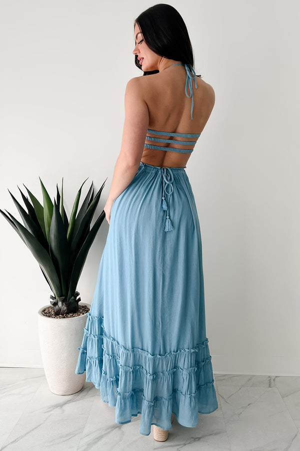 Taking The Scenic Route Halter Smocked Maxi Dress (Blue) - NanaMacs