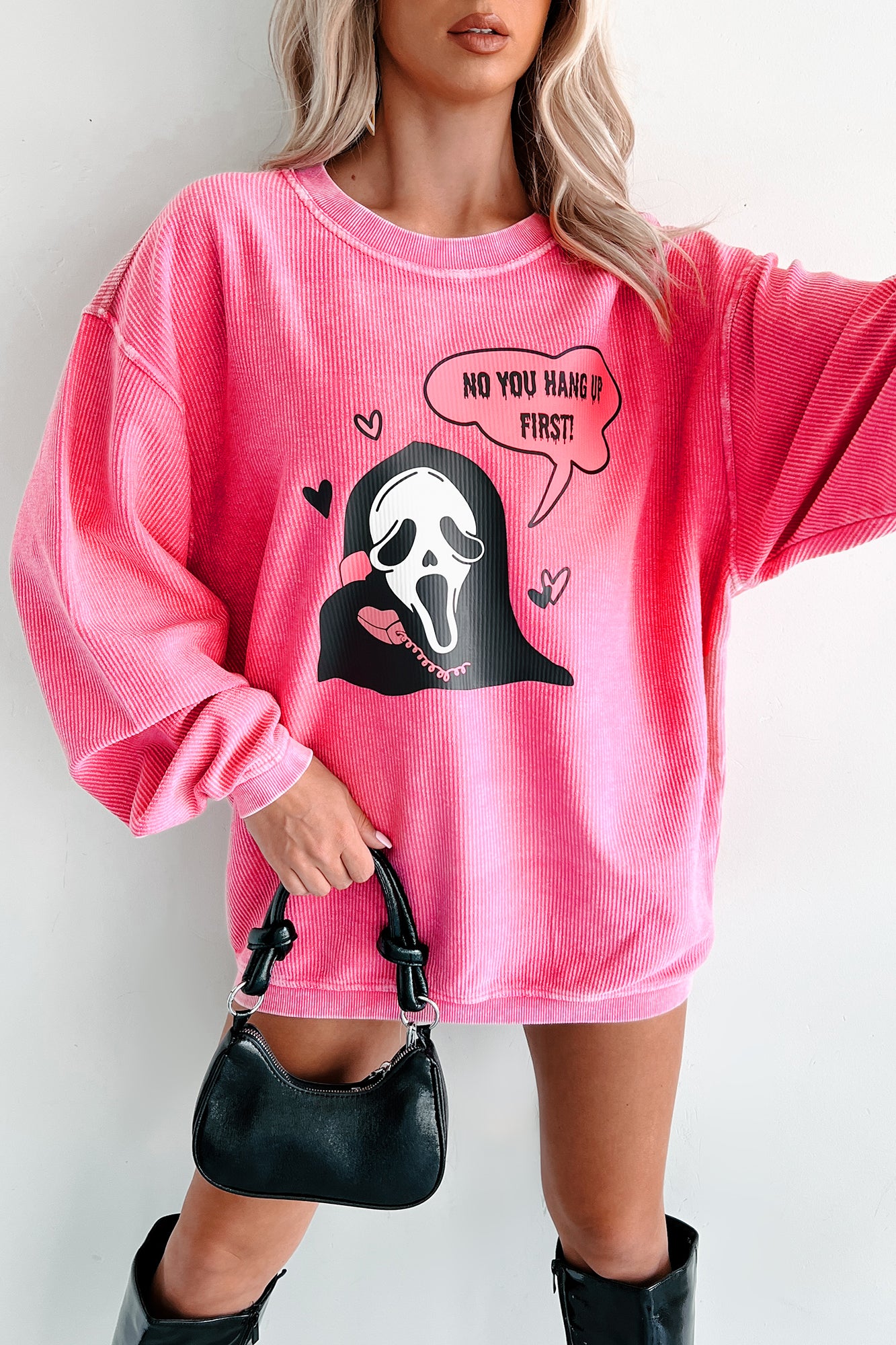 "You Hang Up First" Corded Graphic Crewneck (Bubblegum) - Print On Demand - NanaMacs