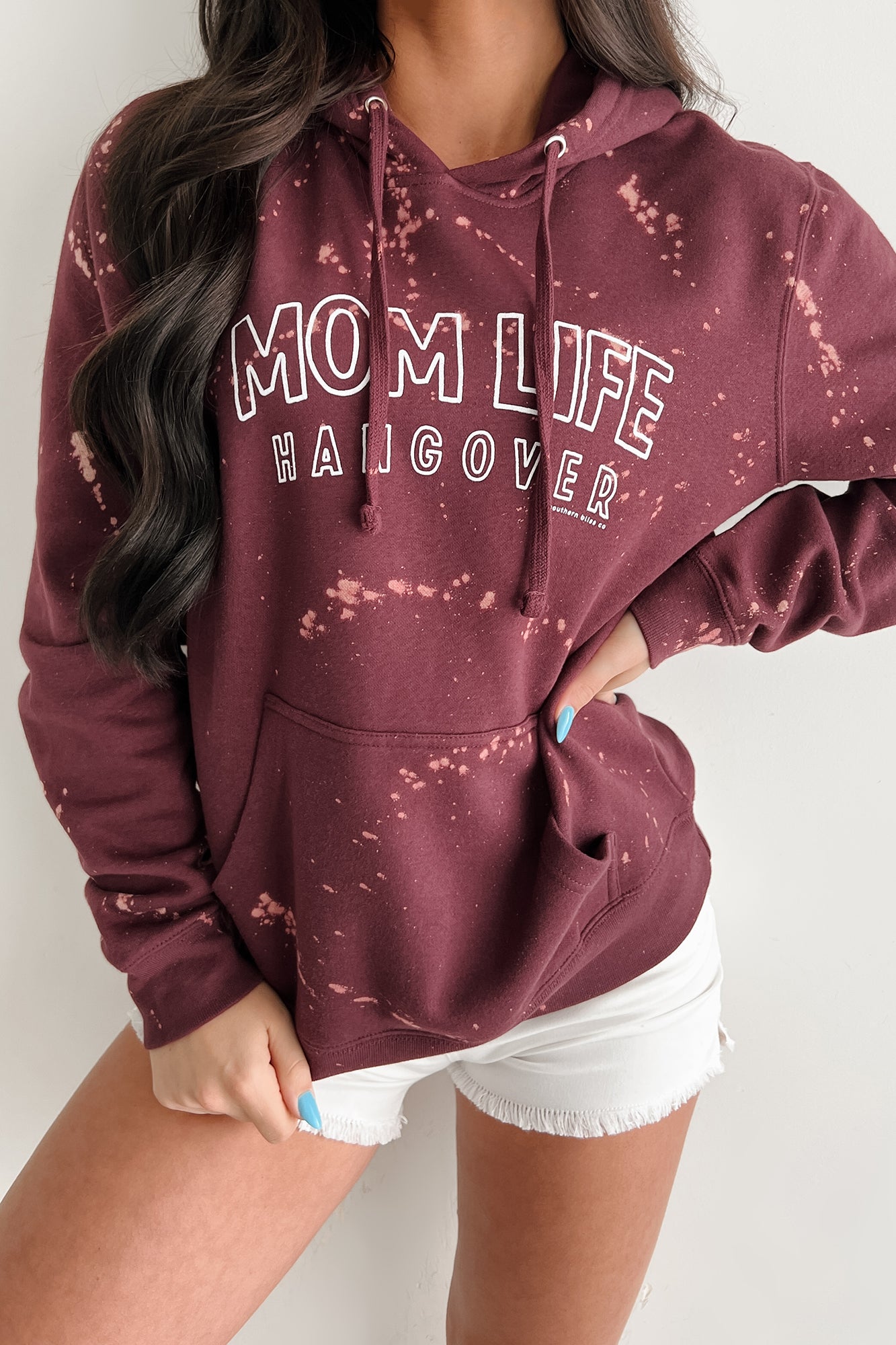 "MOM LIFE HANGOVER' Bleached Graphic Hoodie (Maroon) - NanaMacs