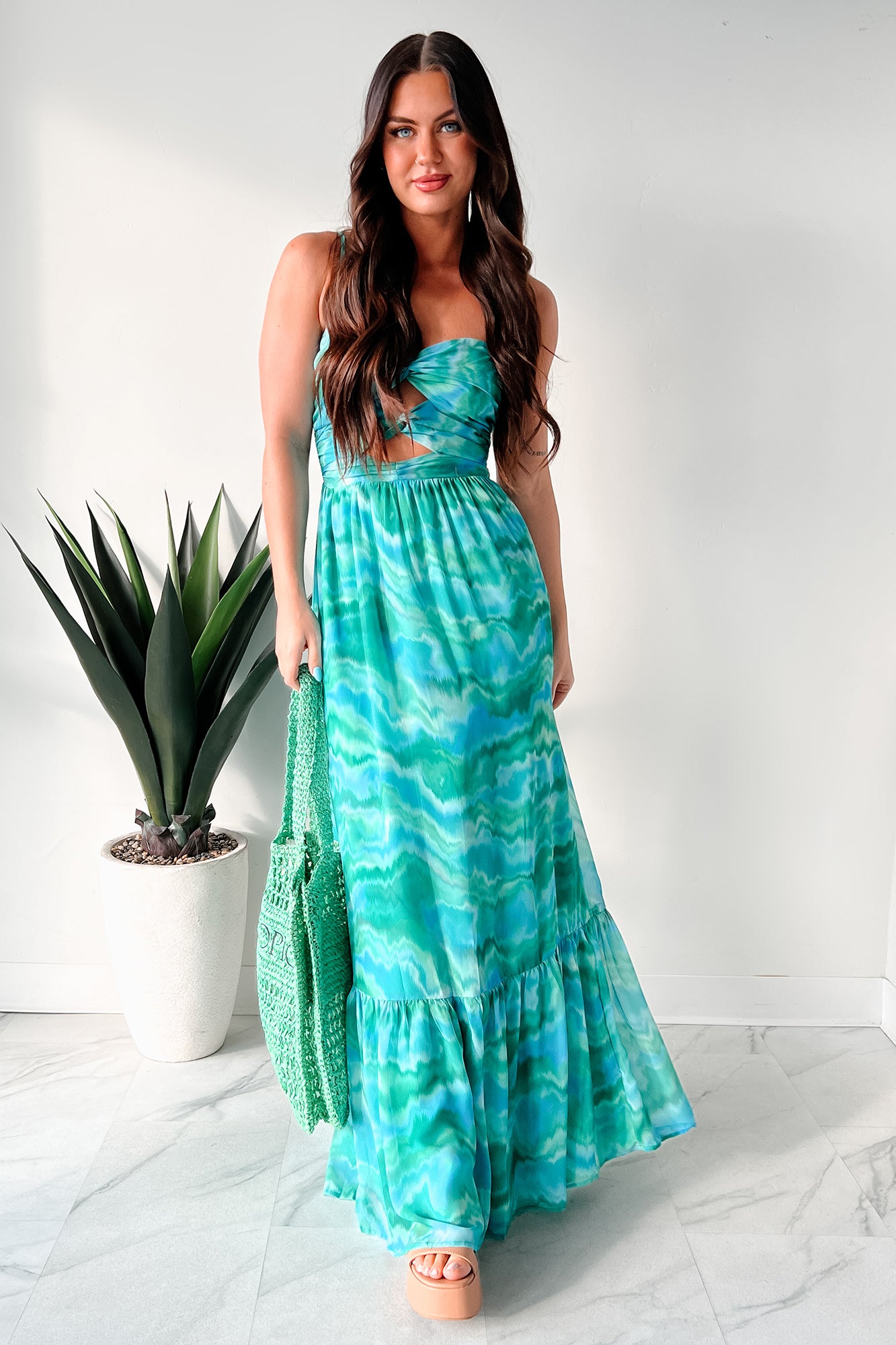 I Hope You Think Of Me Marble Printed Maxi Dress (Teal Multi) - NanaMacs