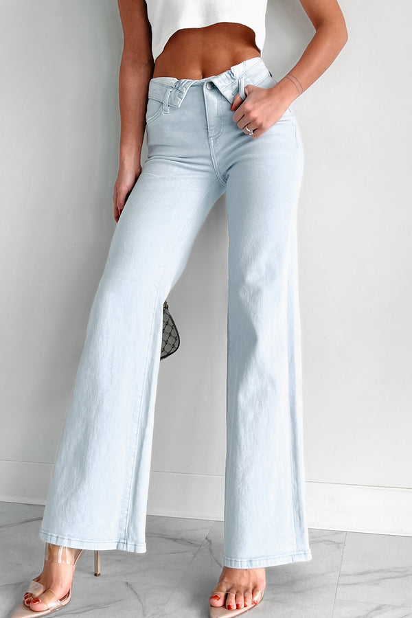 Otto Mid-Rise Folded Waist Risen Wide Leg Jeans (Ice Blue) - NanaMacs