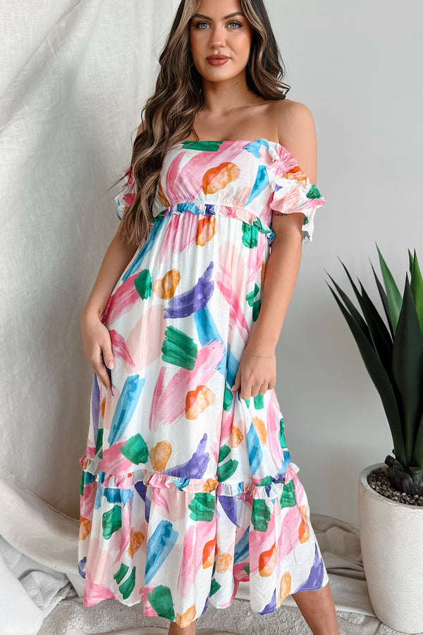 Sweet Adoration Printed Midi Dress (White Multi) - NanaMacs