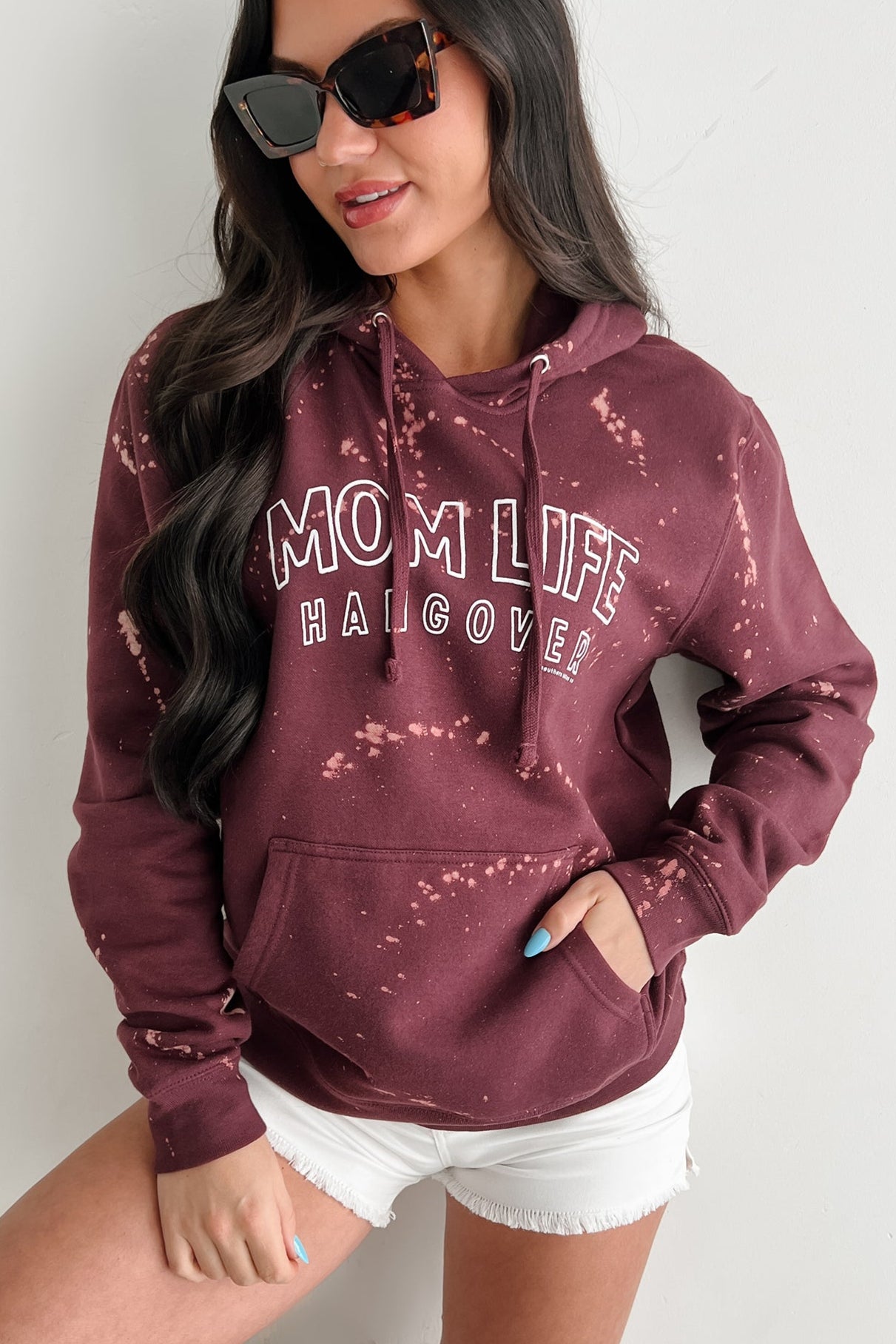 "MOM LIFE HANGOVER' Bleached Graphic Hoodie (Maroon) - NanaMacs