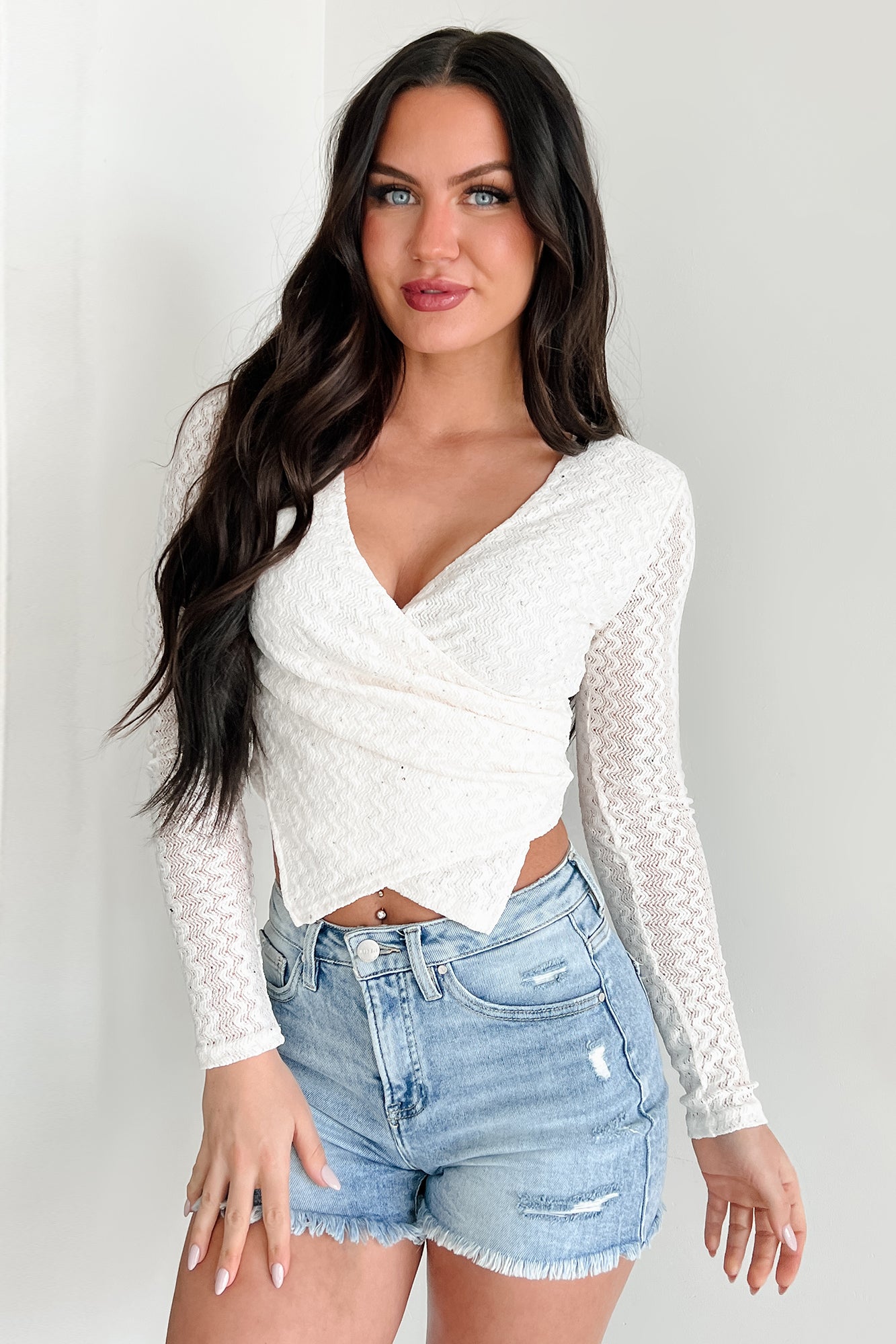 Dazzle & Daze Rhinestone Lace Long Sleeve Top (Off White) · NanaMacs