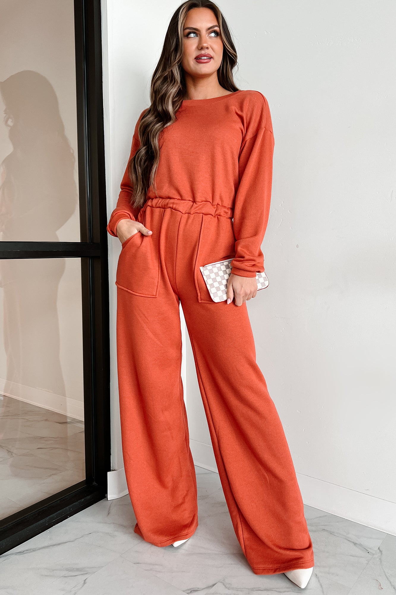 Plausible Deniability Long Sleeve Wide Leg Jumpsuit (Rust) - NanaMacs