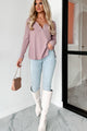 Friends With Everyone Long Sleeve Henley Top (Dusty Lavender) - NanaMacs