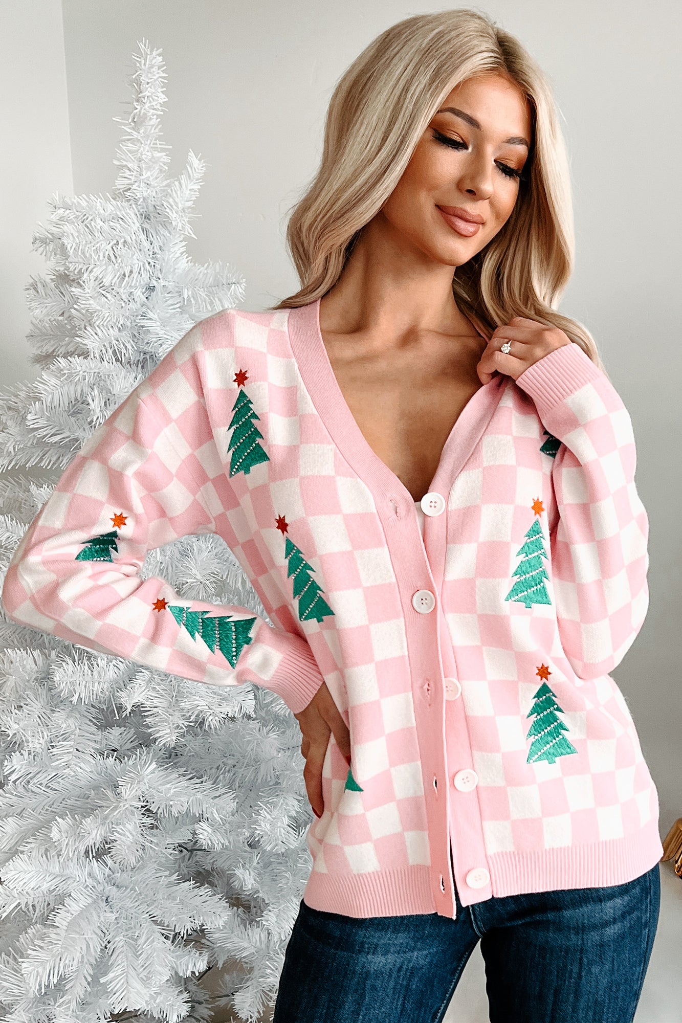 Some Christmas Sparkle Checkered Christmas Tree Cardigan (White/Pink) - NanaMacs