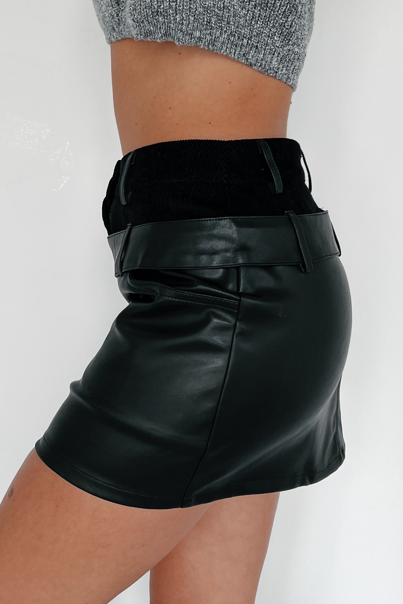 Don't Trust Me Double-Waisted Faux Leather Skirt (Black) - NanaMacs