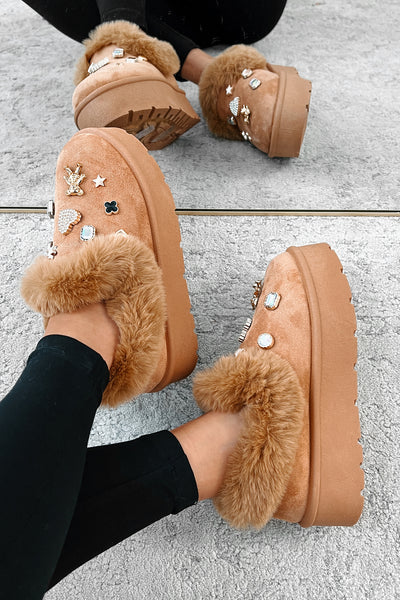 Missoula Faux Fur Trim Platform Bootie With Charms (Tan) - NanaMacs