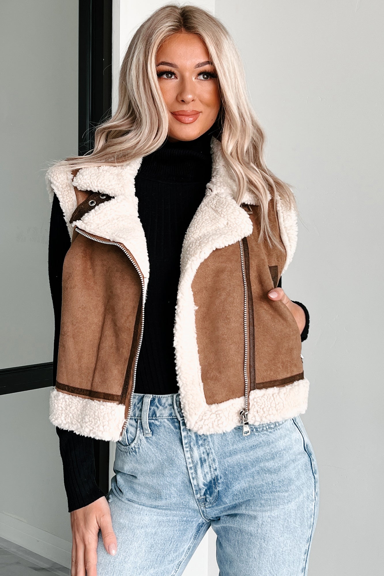 Back To Being Myself Sherpa Lined Faux Suede Vest (Brown)