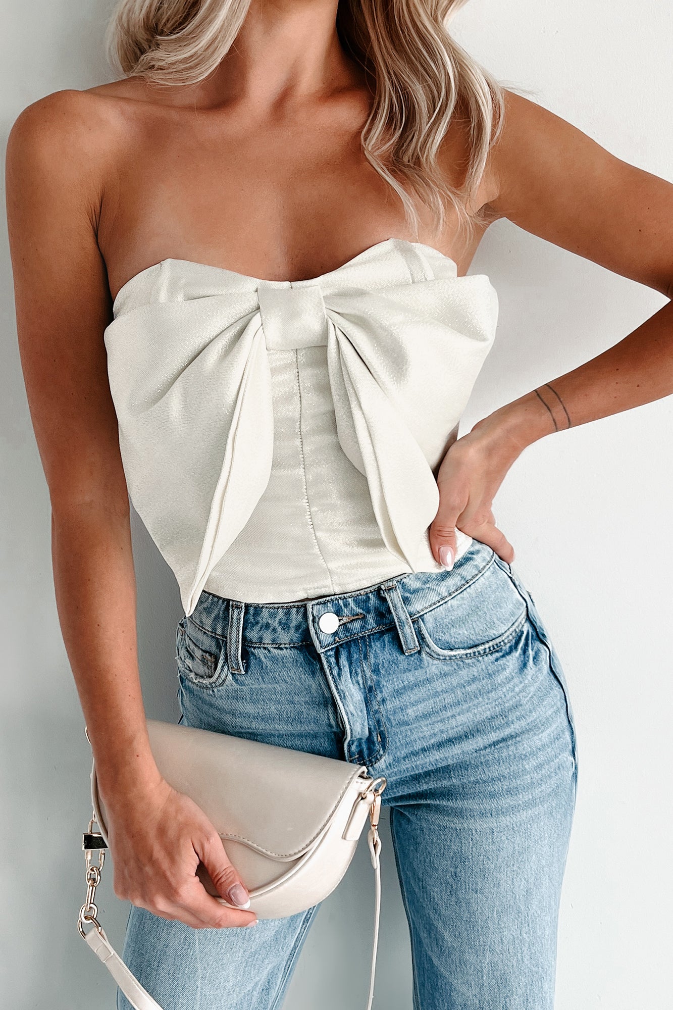 Flirty Glamour Strapless Bow Crop Top (Off White) - NanaMacs