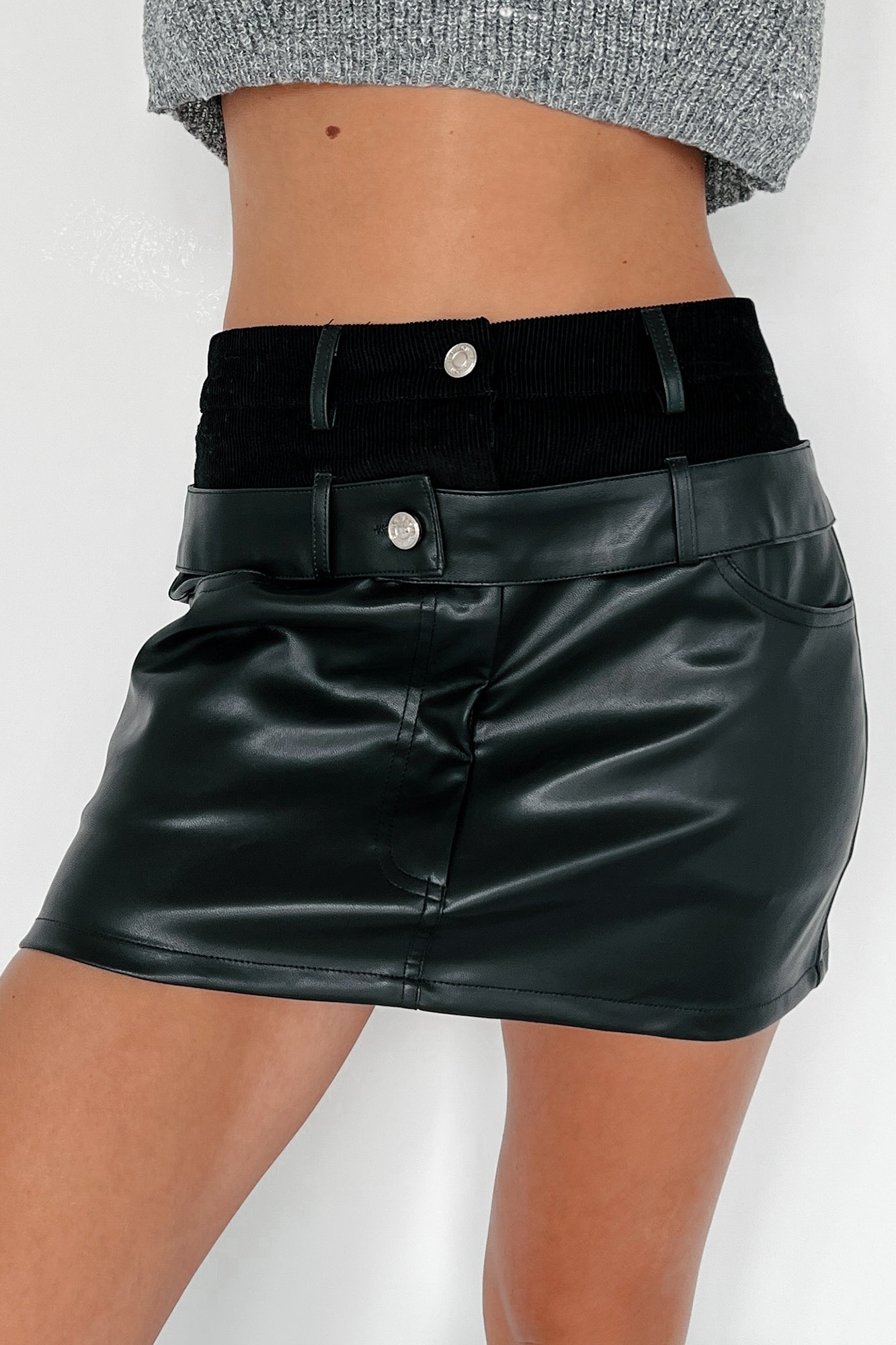 Don't Trust Me Double-Waisted Faux Leather Skirt (Black) - NanaMacs