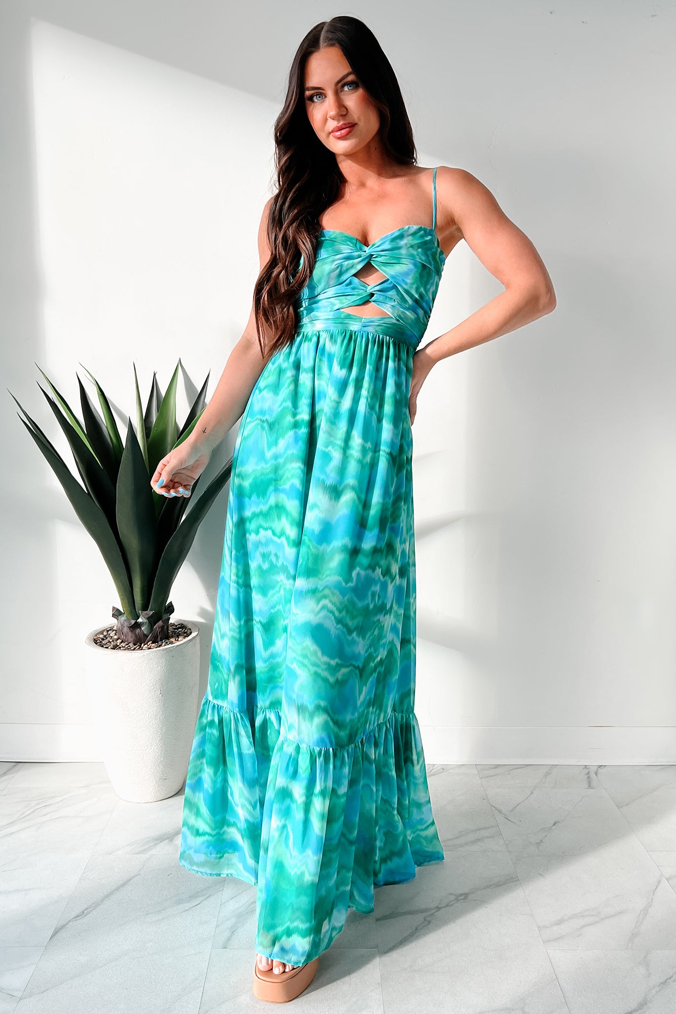 I Hope You Think Of Me Marble Printed Maxi Dress (Teal Multi) - NanaMacs