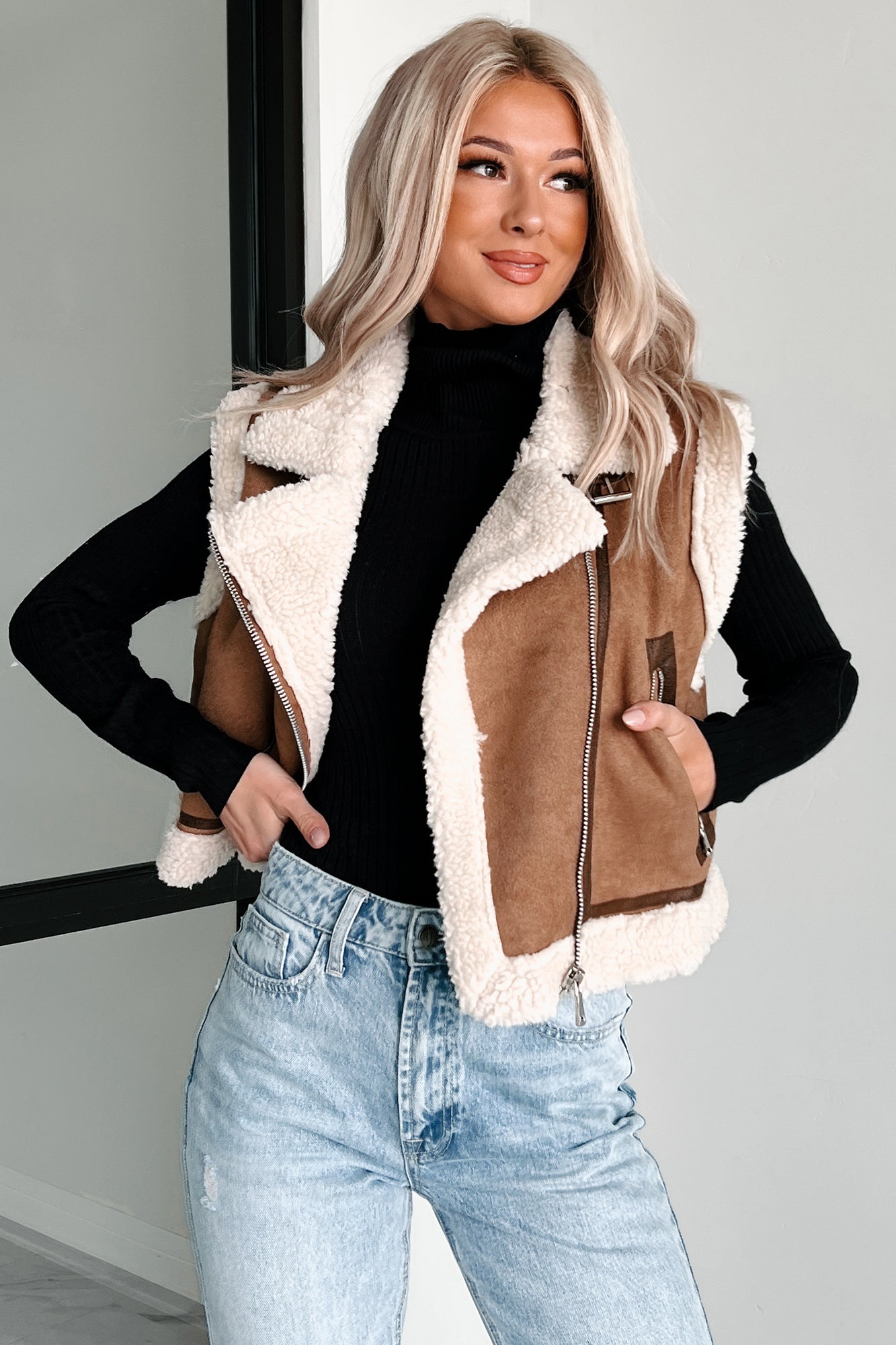 Back To Being Myself Sherpa Lined Faux Suede Vest (Brown)