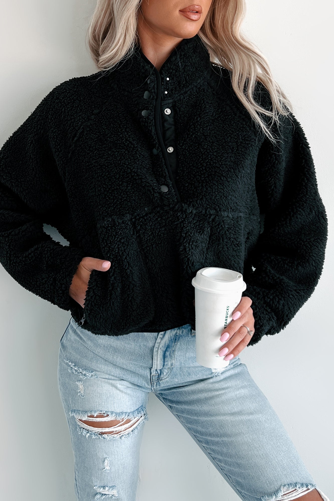 My Cozy Life Sherpa Teddy Pullover (Black) - NanaMacs