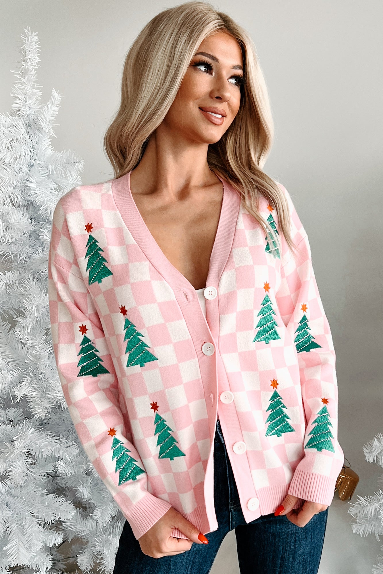 Some Christmas Sparkle Checkered Christmas Tree Cardigan (White/Pink) - NanaMacs