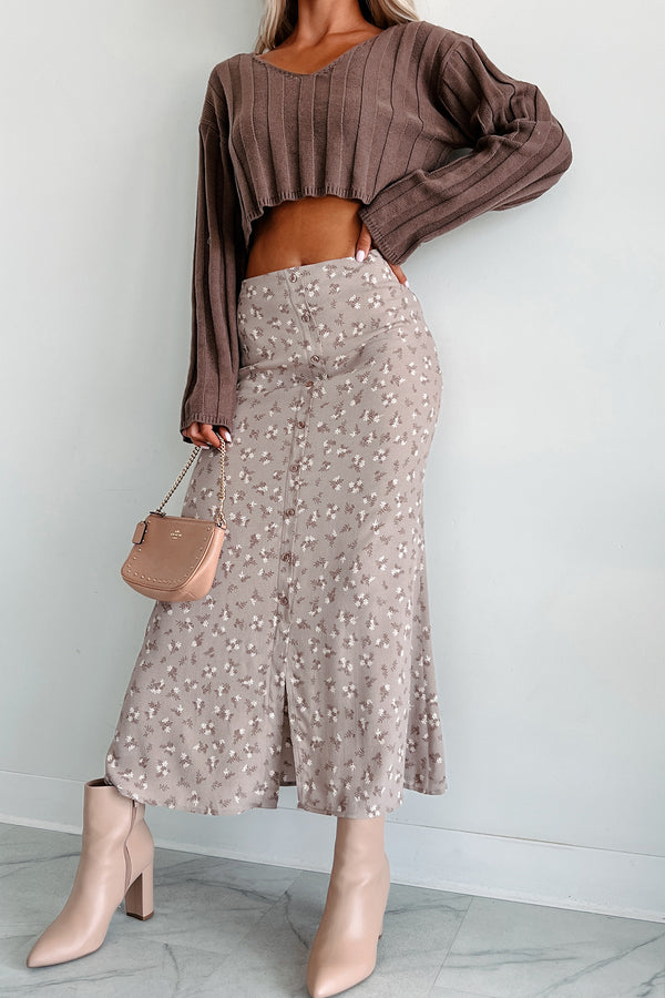 Fashionable Poise Button Detail Floral Midi Skirt (Light Mocha) - NanaMacs