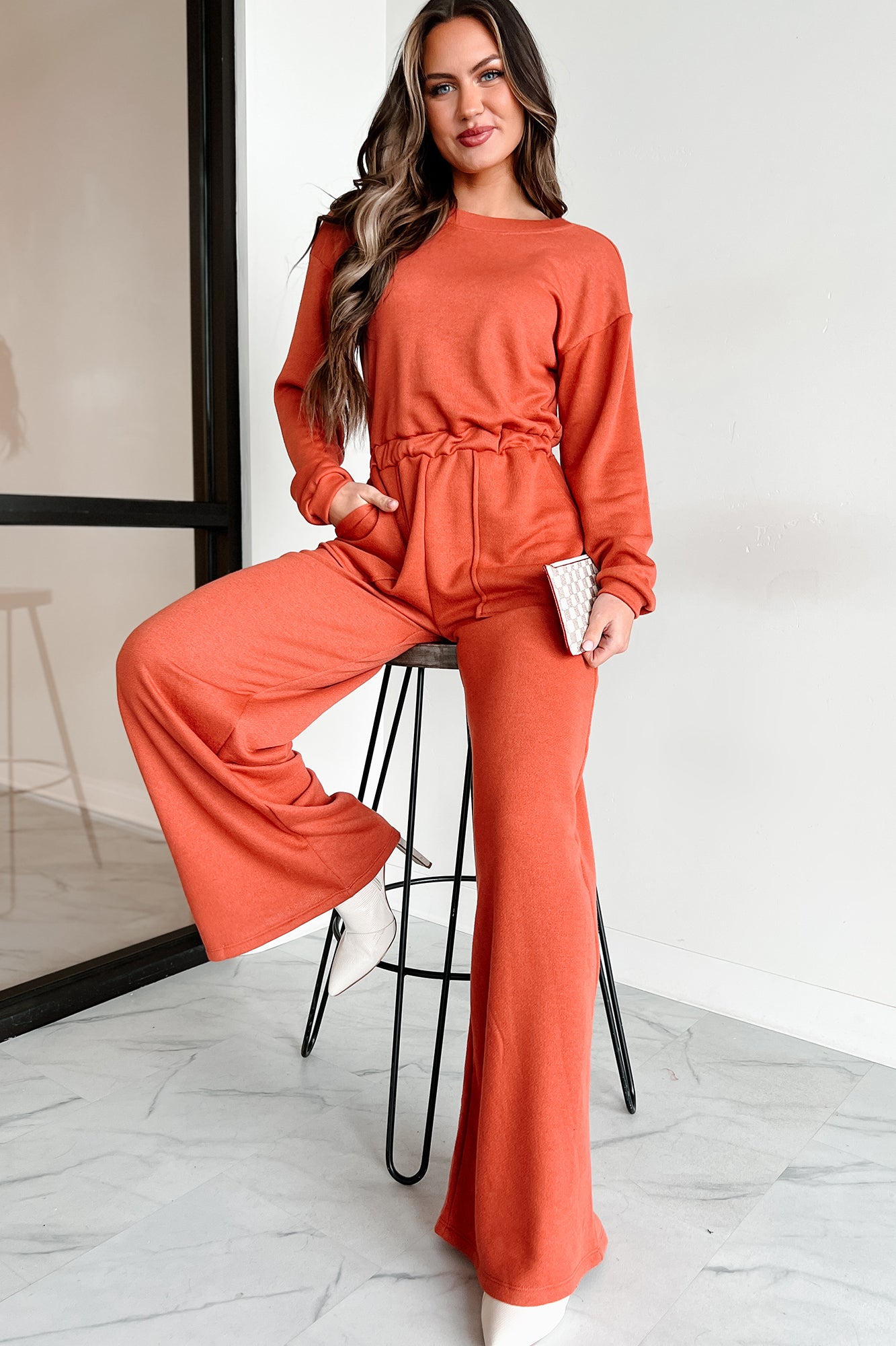 Women s Plausible Deniability Long Sleeve Wide Leg Jumpsuit in Rust Size M