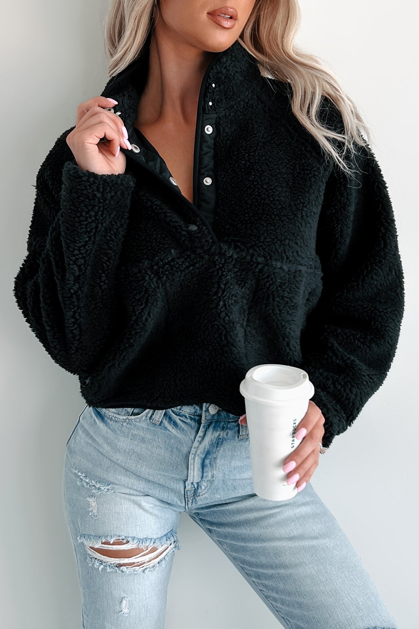 My Cozy Life Sherpa Teddy Pullover (Black) - NanaMacs