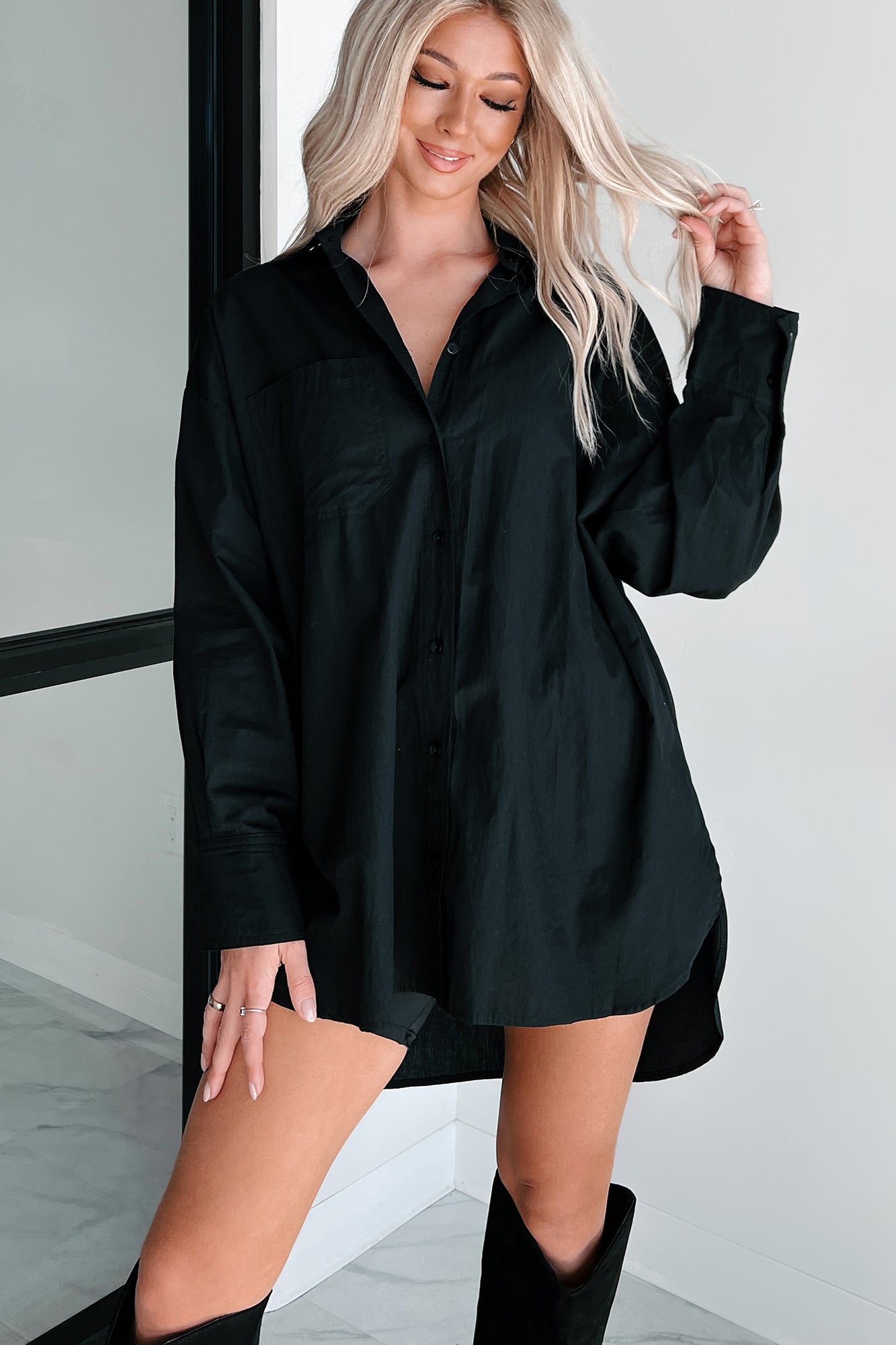 Modernly Classic Oversized Button-Up Shirt (Black)