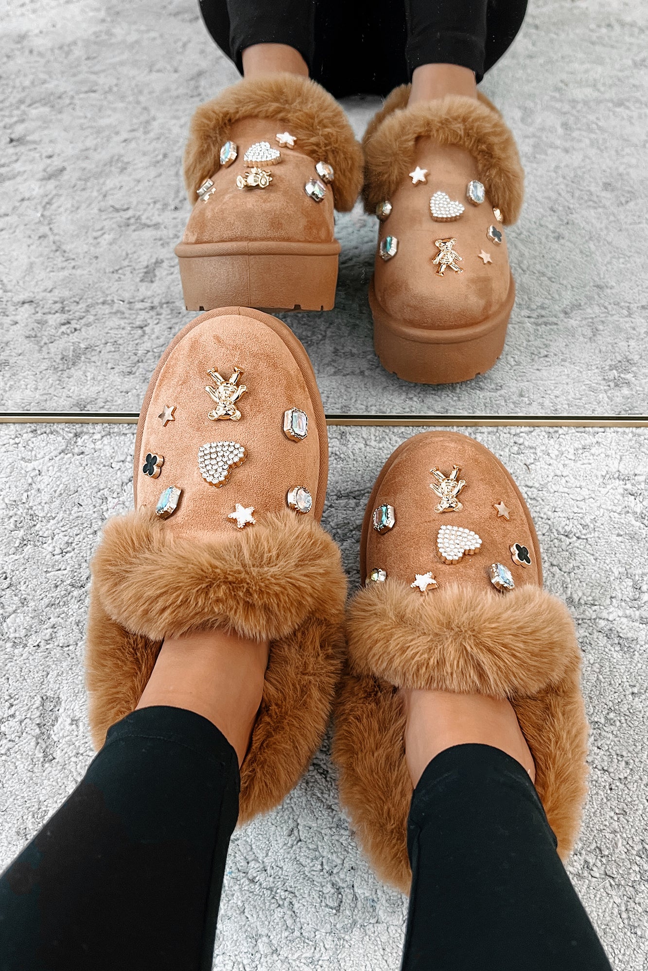 Missoula Faux Fur Trim Platform Bootie With Charms (Tan) - NanaMacs