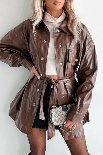 Feeling Fearless Faux Leather Belted Jacket (Brown) - NanaMacs