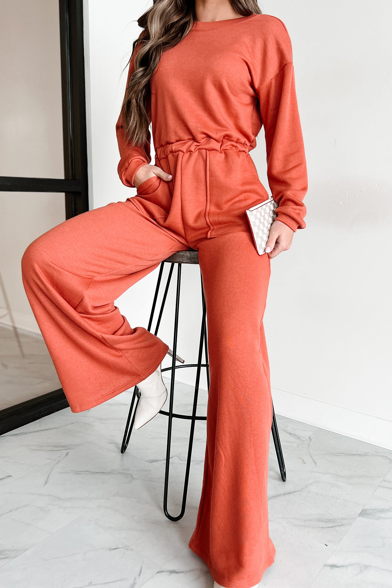 Women s Plausible Deniability Long Sleeve Wide Leg Jumpsuit in Rust Size M