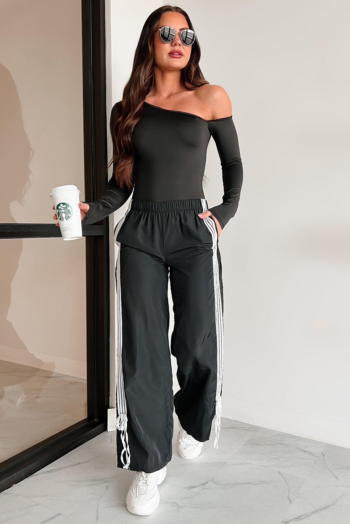 Colby Side Stripe Ribbon Tie Track Pants (Black) · NanaMacs