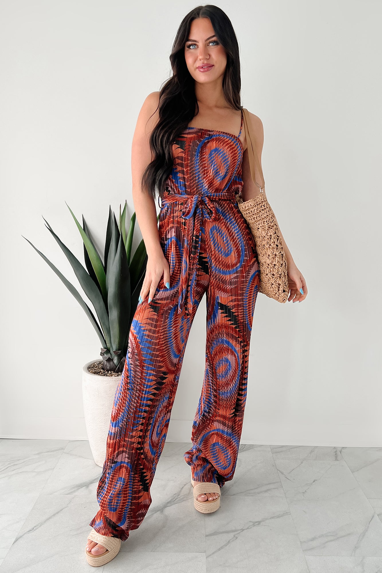 Turn Up The Volume Pleated Wide Leg Jumpsuit (Brick/Royal Blue) - NanaMacs