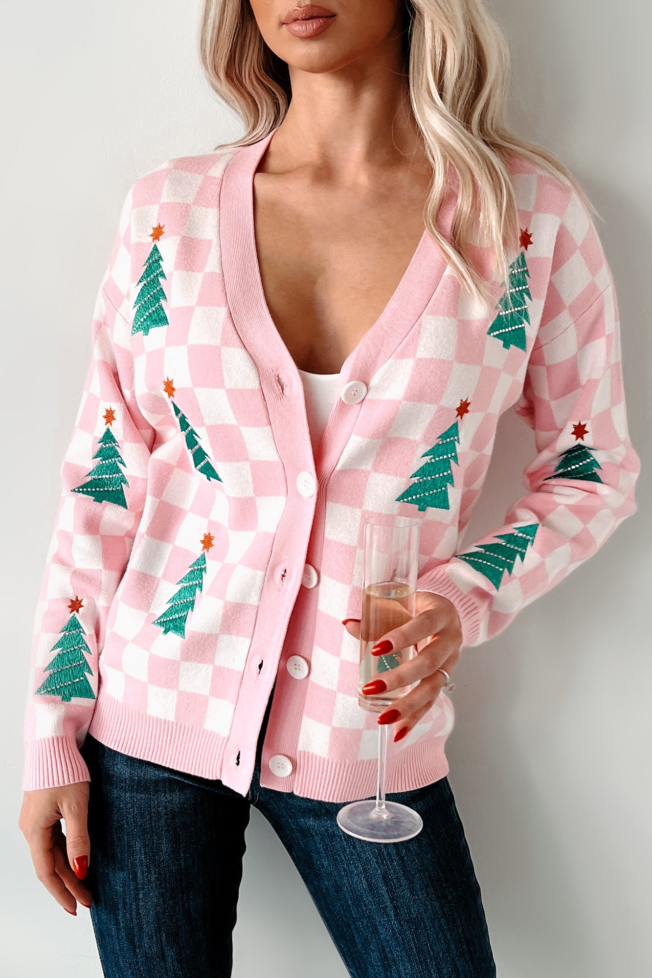 Some Christmas Sparkle Checkered Christmas Tree Cardigan (White/Pink) - NanaMacs