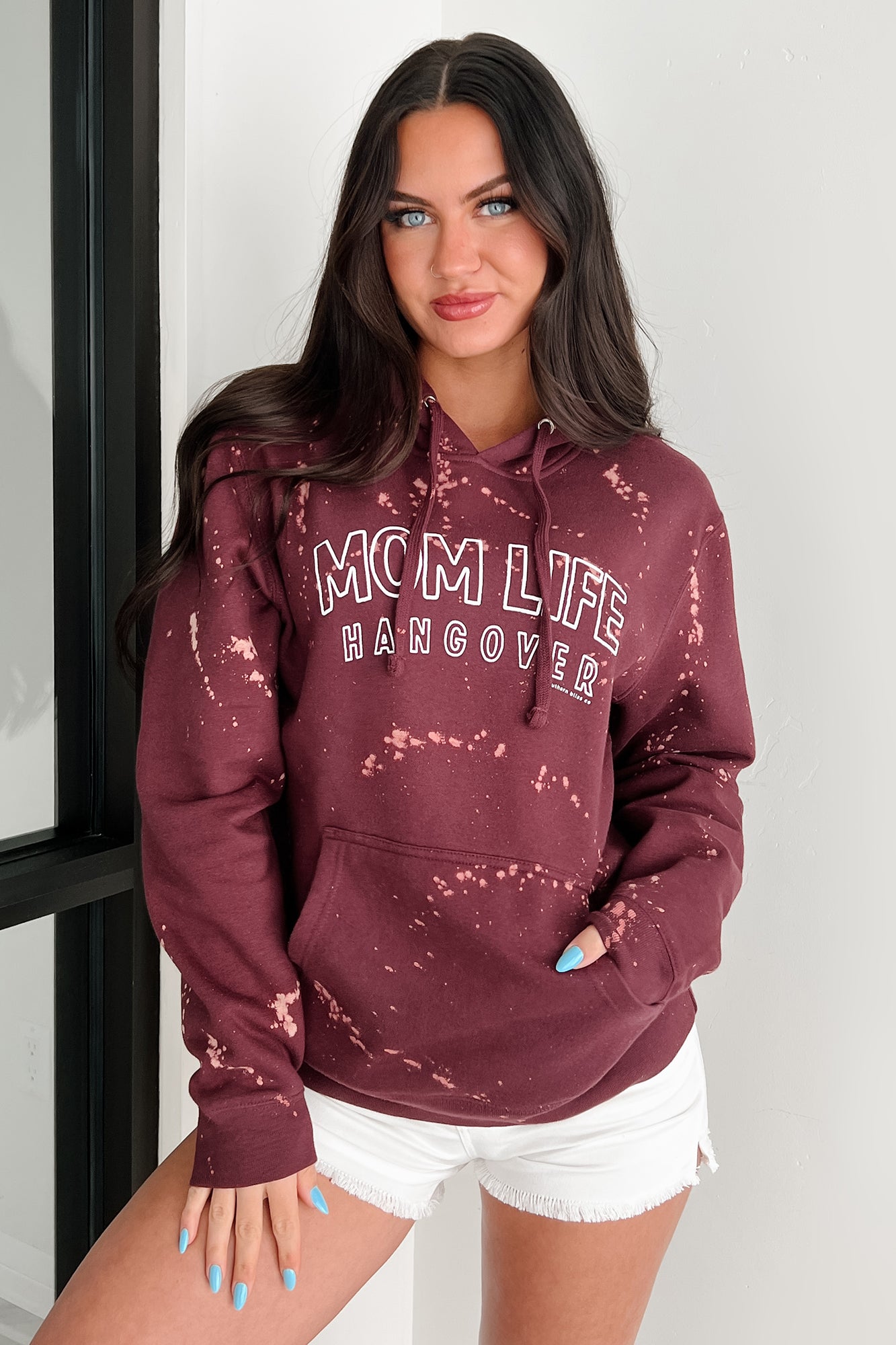 "MOM LIFE HANGOVER' Bleached Graphic Hoodie (Maroon) - NanaMacs