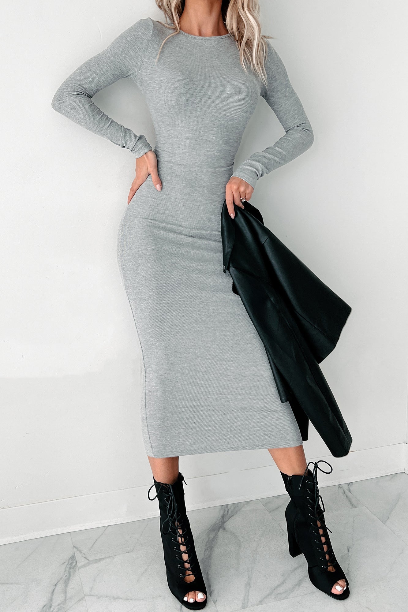 Womanly Confidence Rib Knit Open Back Dress (Heather Grey) · NanaMacs