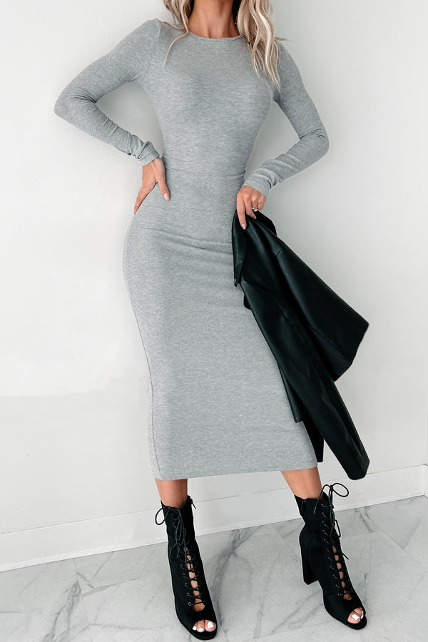 Womanly Confidence Rib Knit Open Back Dress (Heather Grey) - NanaMacs