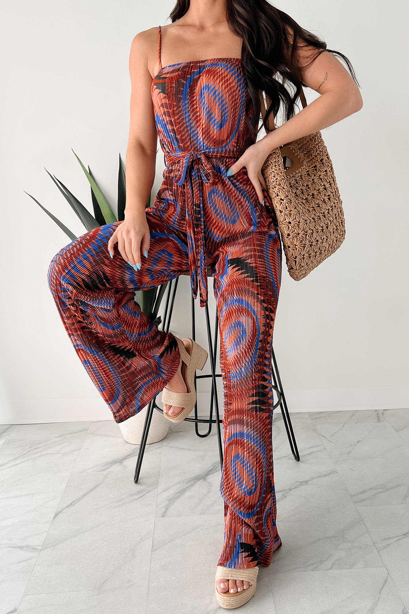 jump one フルレギンス Turn Up The Volume Pleated Wide Leg Jumpsuit (Brick/Royal Blue